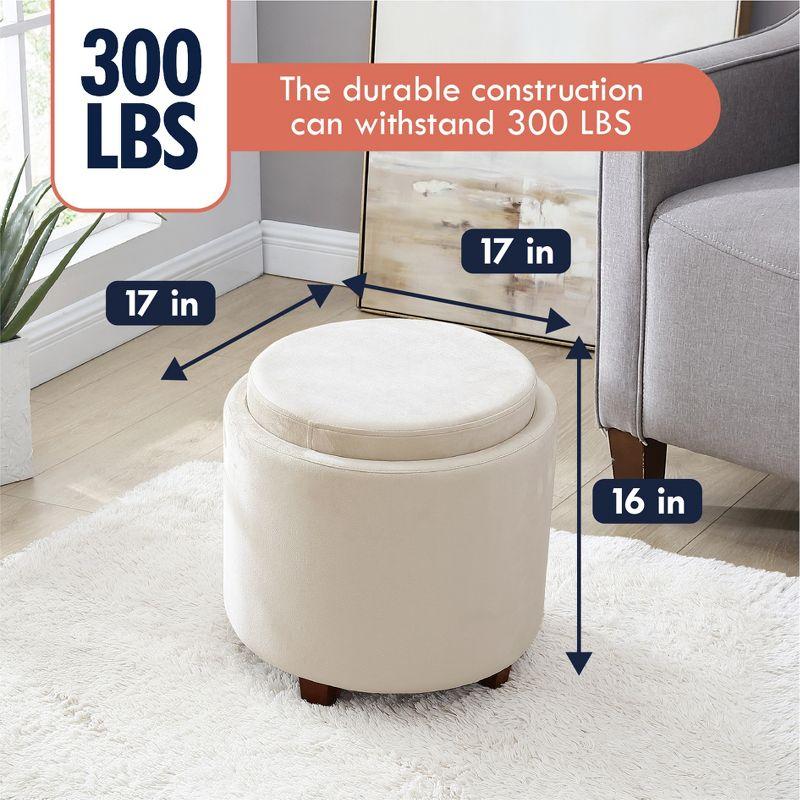 Ornavo Home Lawrence Round Storage Ottoman with Table Top Lid - Velvet Cream