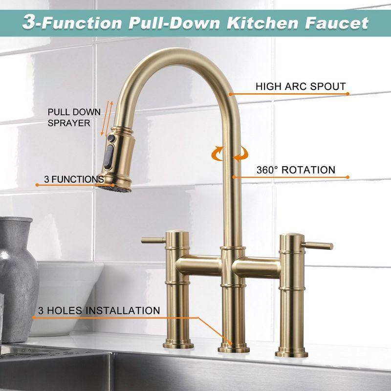 WOWOW Double Handle Bridge Pull Down Sprayer Kitchen Faucet