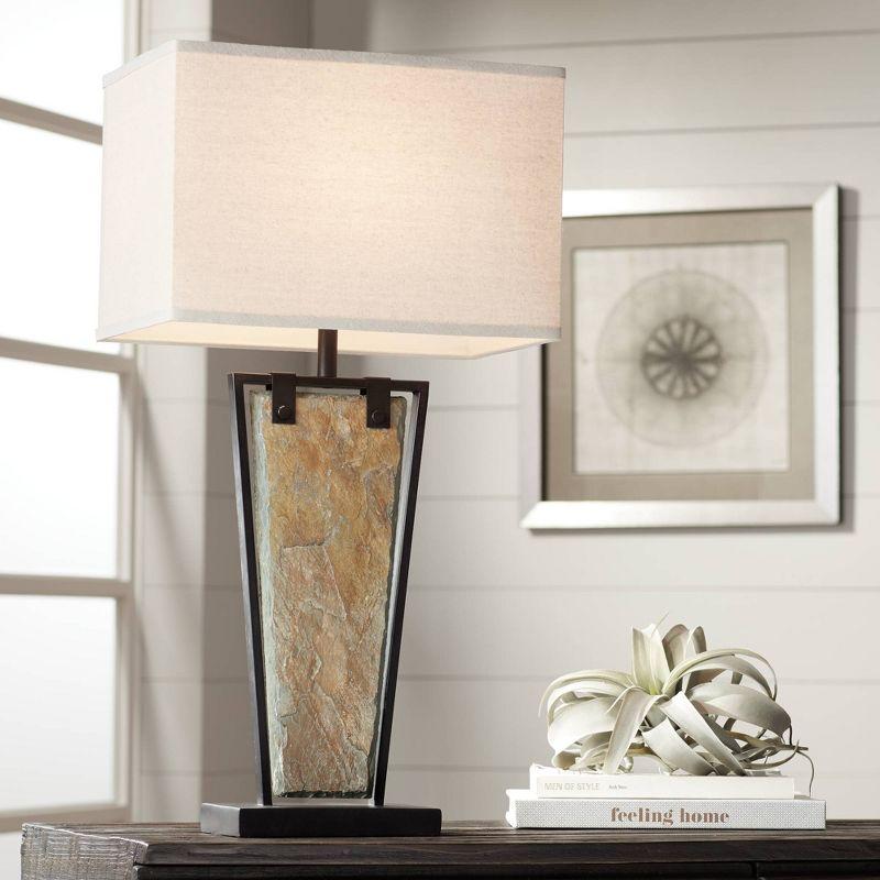 Franklin Iron Works Zion Rustic Table Lamp 30" Tall Tapered Natural Slate Bronze Metal Rectangular Shade for Bedroom Living Room Bedside Nightstand
