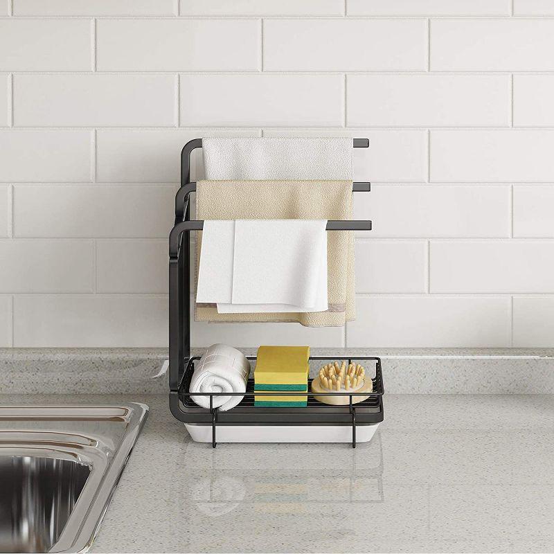 DOMETOUR Kitchen Sink Sponge Holder with Drainage Tray Kitchen Sink Storage Container Sponge Brush Soap Tray Metal Holder Black