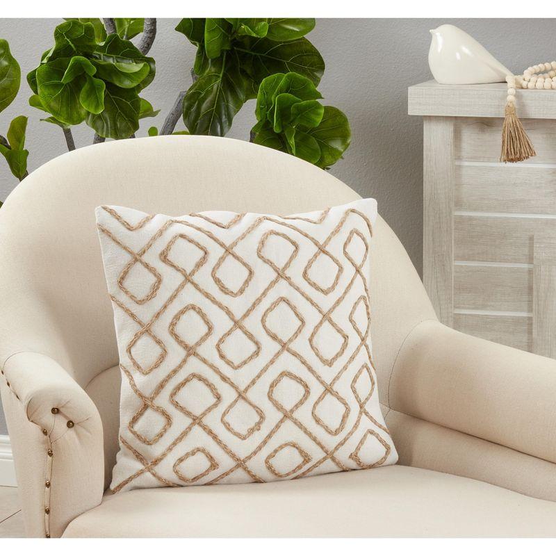 18'' White and Jute Embroidered Square Throw Pillow