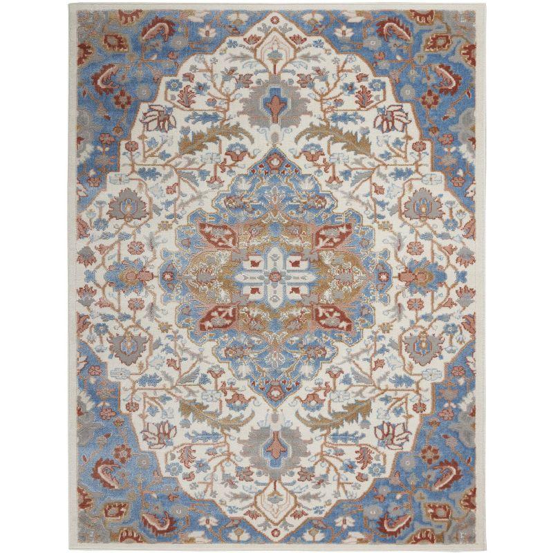 Ivory Blue Floral Medallion 8' x 10' Synthetic Rug