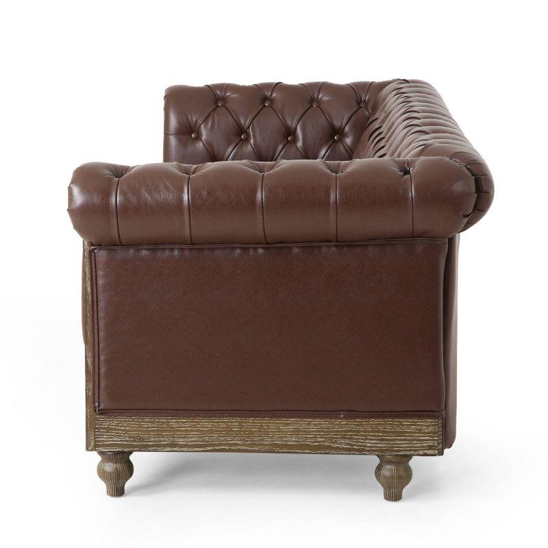 Castalia Chesterfield Dark Brown Faux Leather Sofa with Nailhead Trim