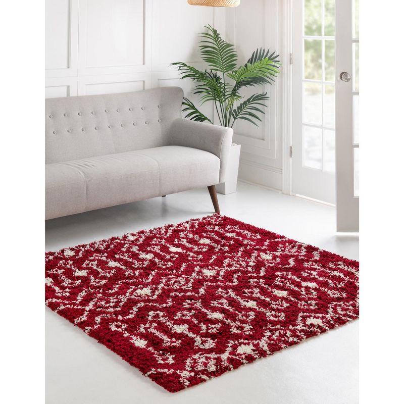 Red and Ivory Square Trellis Shag Area Rug