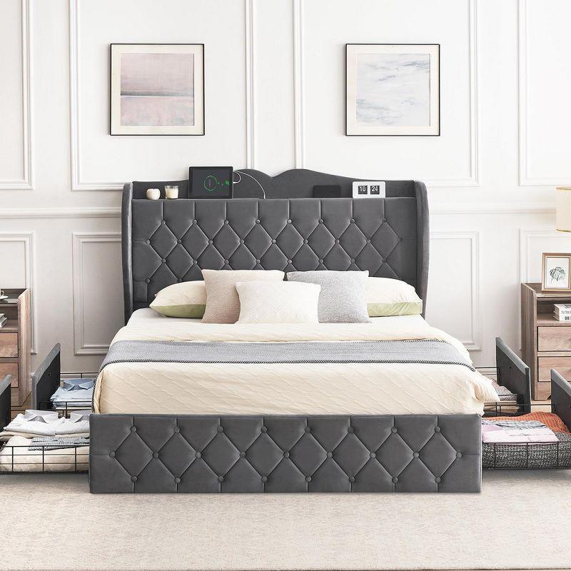 Full Queen Bed Frame with 4 Storage Drawers, Upholstered Platform Bed with Storage Headboard and Charging Station, Velvet Tufted & Wingback, Grey