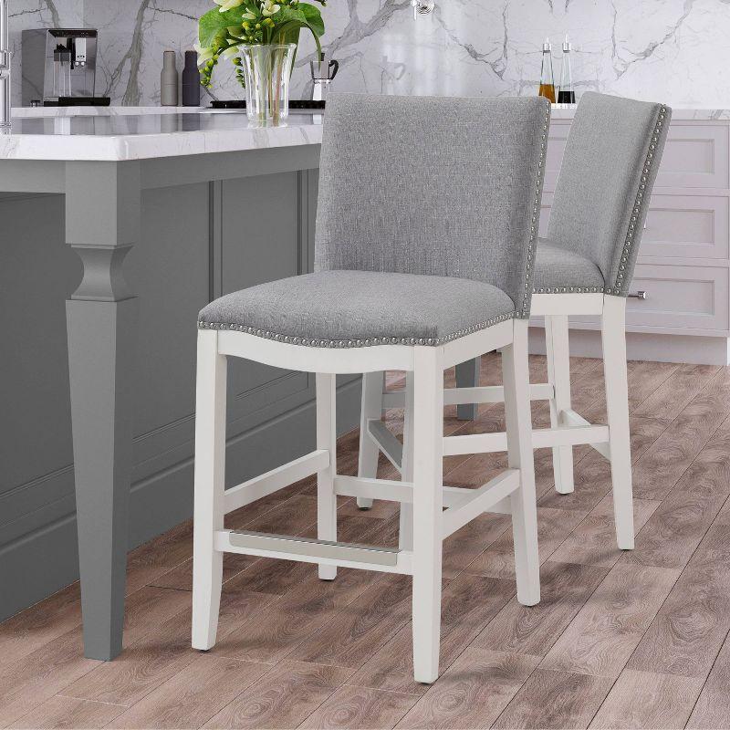 Comfort Pointe Arissa Counter Height Barstool Gray: Upholstered, Nailhead Trim, Wood Legs, Foam Fill