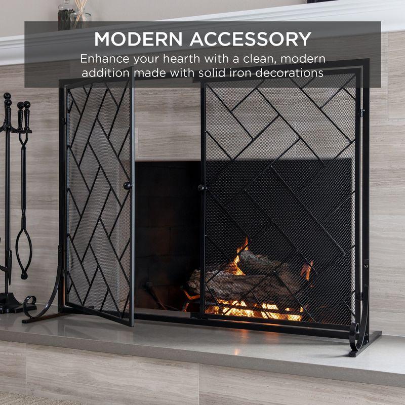 Best Choice Products 44x33in 2-Panel Handcrafted Wrought Iron Geometric Fireplace Screen w/ Magnetic Doors