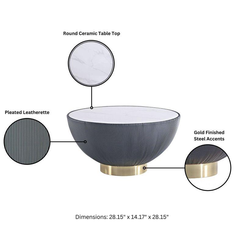 Manhattan Comfort 3pc Anderson Leatherette Upholstered Coffee Table and End Table Set: Gold Metal Finish, Round Shape