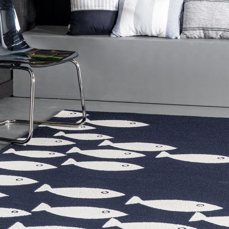 Navy and White Fish Pattern Indoor/Outdoor Rug