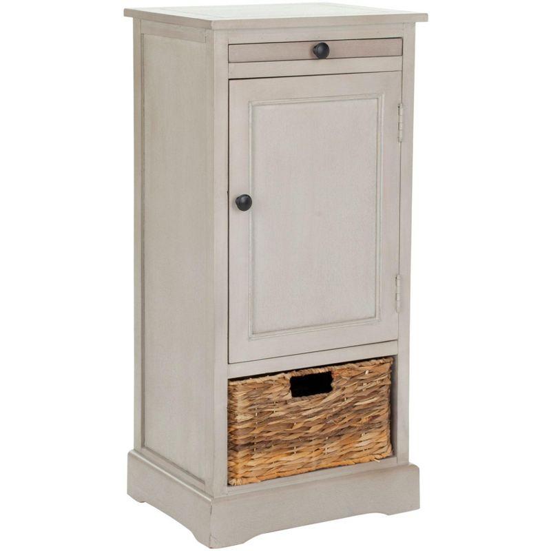 Transitional Vintage Grey Pine Storage Unit with Woven Basket