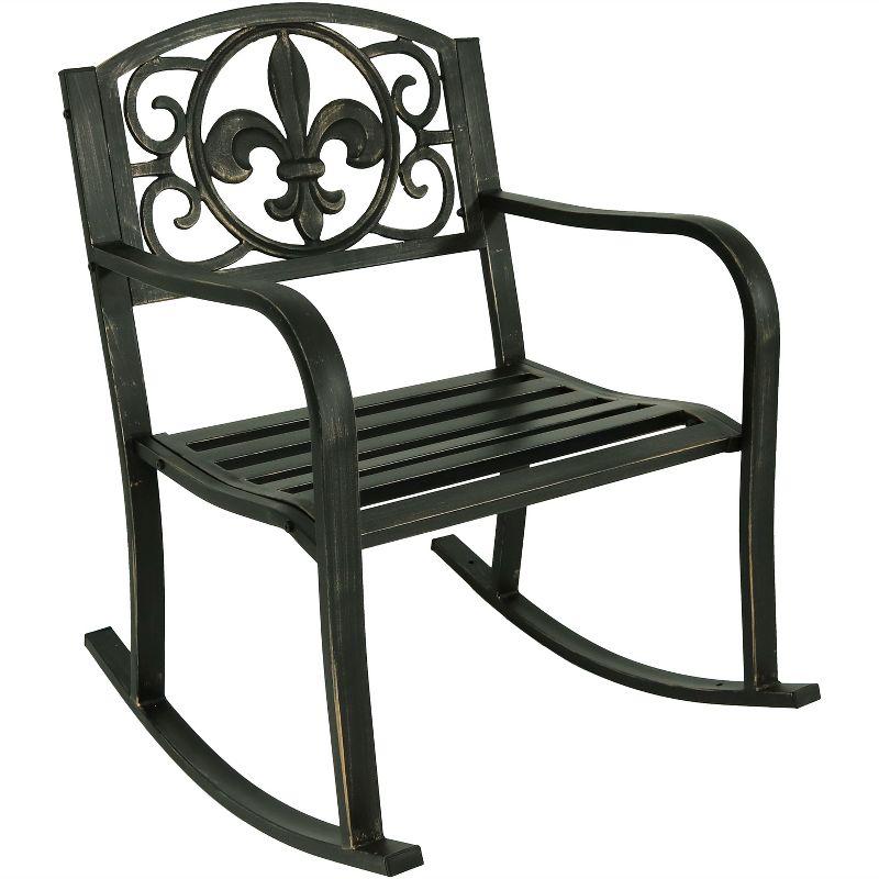 Black Cast Iron and Steel Fleur-de-Lis Outdoor Rocking Chair