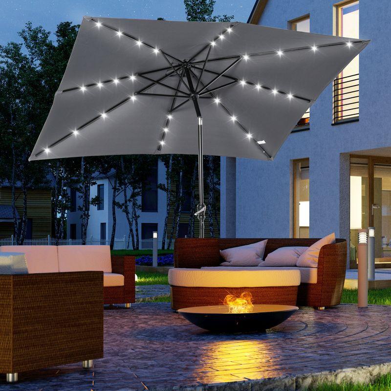 Outsunny 9' x 7' Solar Umbrella, LED Lighted Patio Umbrella for Table or Base with Tilt & Crank, Outdoor Umbrella for Backyard, Pool, Beach, Gray