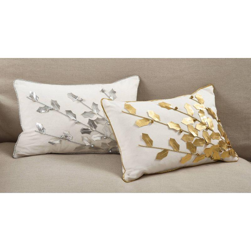 12"x18" Metallic Poinsettia Branch Design Holiday Cotton Poly Filled Lumbar Throw Pillow Silver - Saro Lifestyle