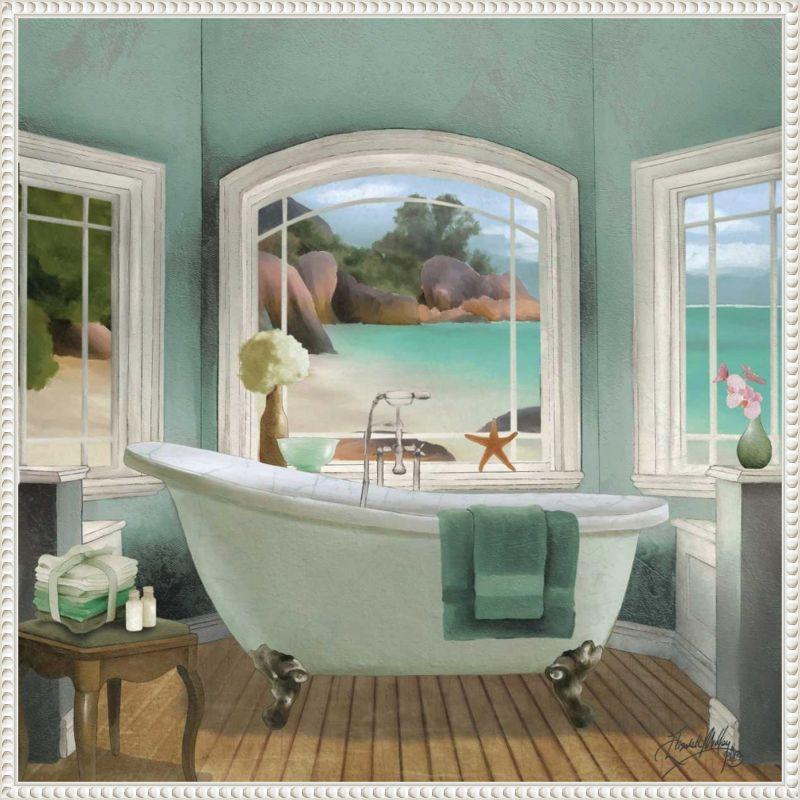 Serene Coastal Bath Scene Canvas Art with White Frame