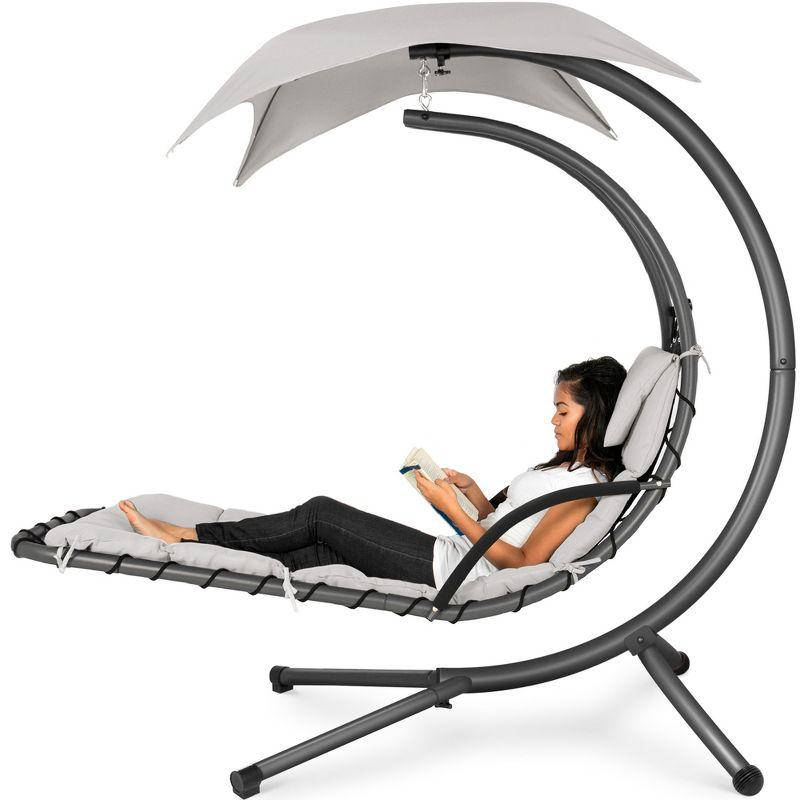 White Sand Hanging Curved Chaise Lounge Chair with Canopy