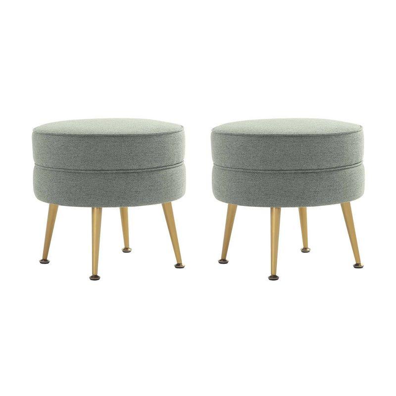 Set of 2 Sage Green Upholstered Ottomans with Gold Legs