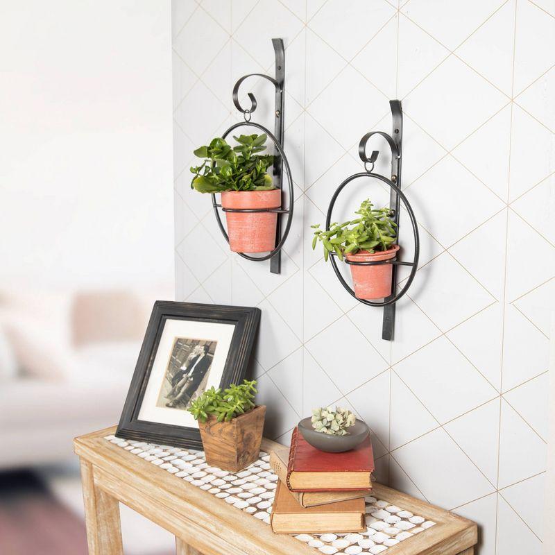 Set of 2 Hanging Planters with Circular Frame and Terra Cotta Metal Pots Black - Danya B.: Iron Wall-Mounted, Outdoor-Indoor Use