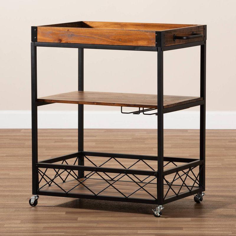 Livi Homes Paloma Mobile Metal Bar Cart with Stemware Rack in Vintage Rustic Industrial Oak Brown and Black