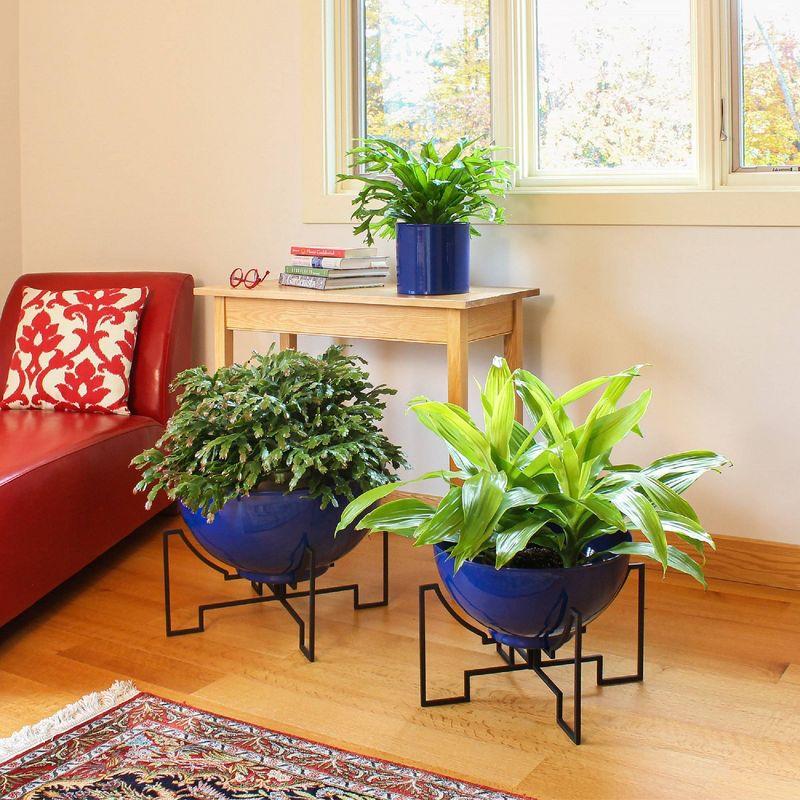 French Blue Galvanized Steel Planter Bowl with Black Wrought Iron Stand