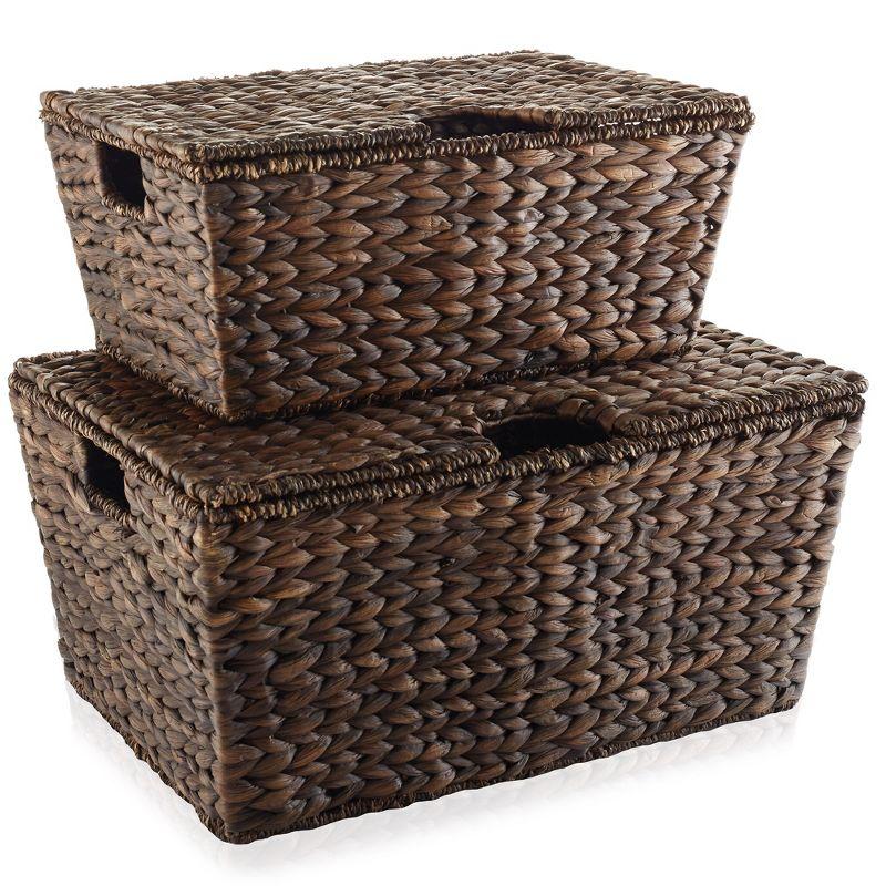 Set of 2 Dark Brown Water Hyacinth Storage Baskets with Lids