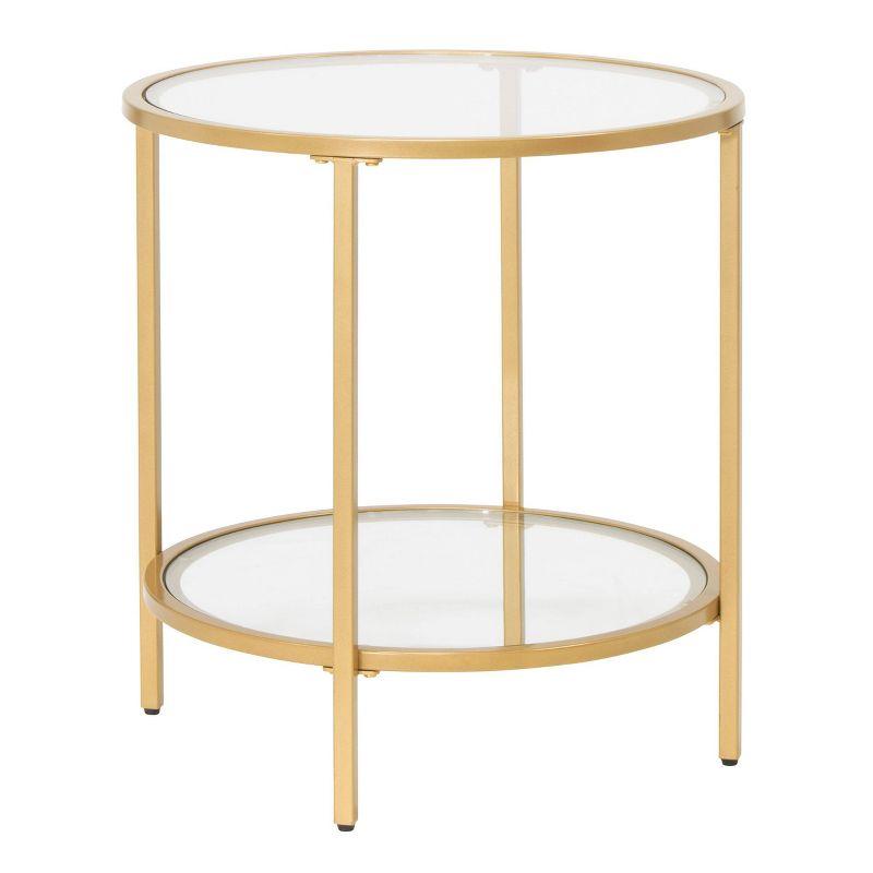 Gold Round Metal and Glass End Table with Dual Shelves