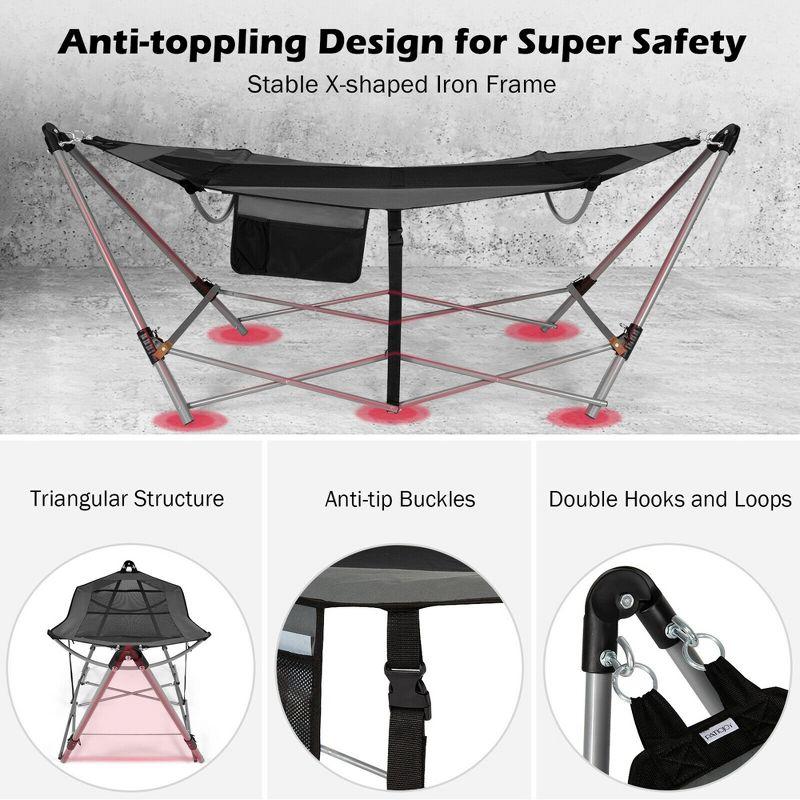Costway Folding Hammock Indoor & Outdoor Hammock with Side Pocket & Iron Stand Grey