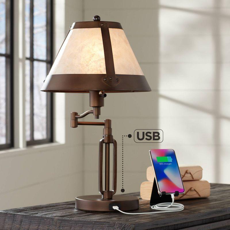 Franklin Iron Works Samuel Industrial Desk Lamp 21 1/4" High Bronze Swing Arm with USB Charging Port Natural Mica Shade for Bedroom Living Room House