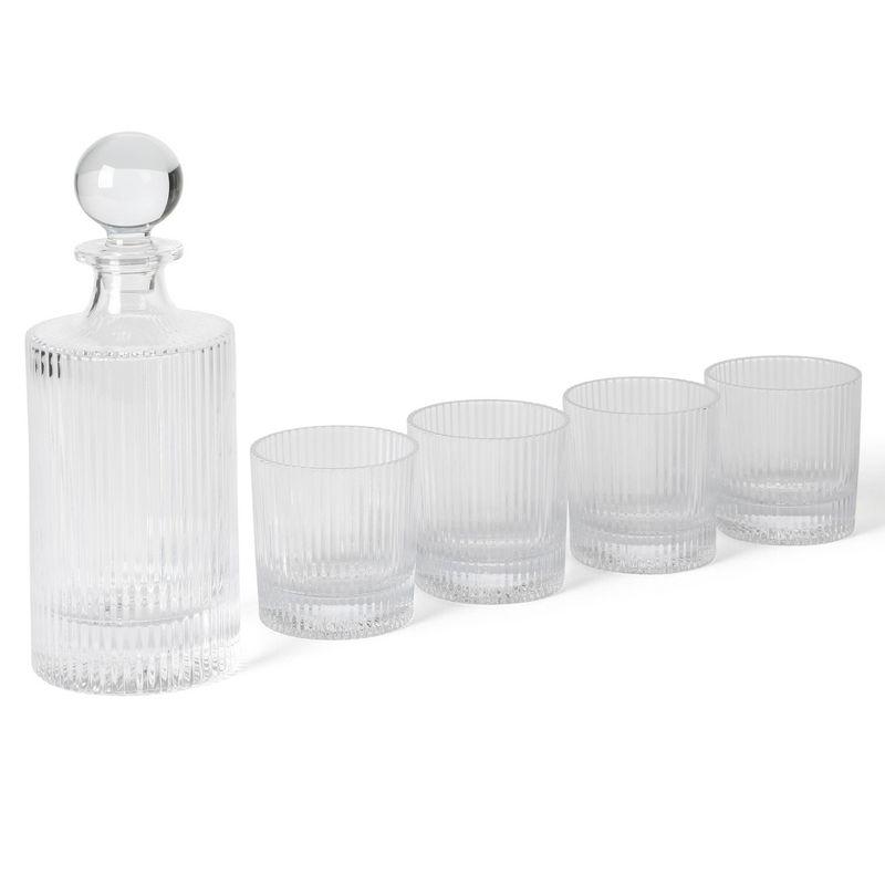 Clear Ribbed Glass Decanter and 4 Lowball Glass Set