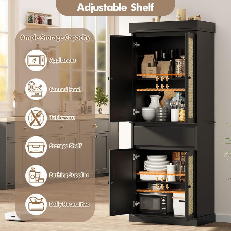 Tall Kitchen Pantry Cabinet 69" Storage Cabinet with Rattan Doors, Drawer and Adjustable Shelves, Cupboard for Bathroom Dining Room, Black