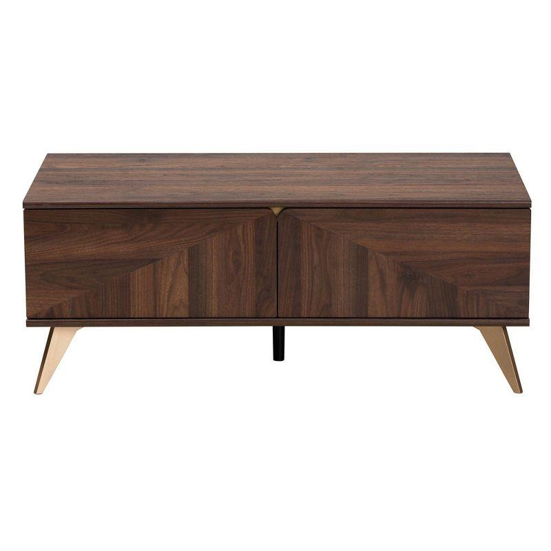 Graceland 2 Drawer Wooden Coffee Table Walnut Brown/Gold - Baxton Studio: Mid-Century Storage, Rectangular Shape