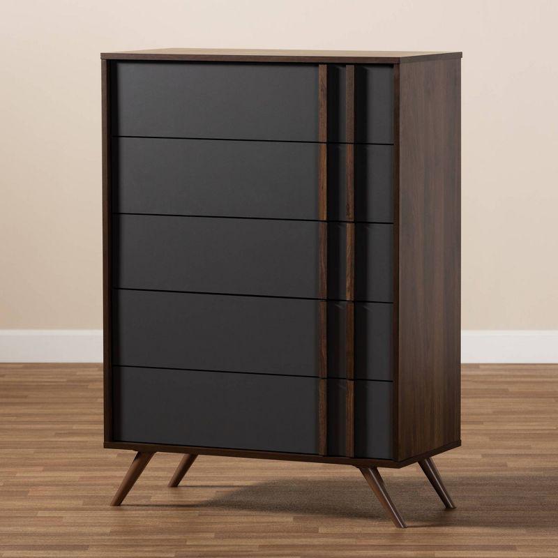 5 Drawer Naoki Wood Bedroom Chest Gray/Walnut - Baxton Studio: Modern Storage, Splayed Legs