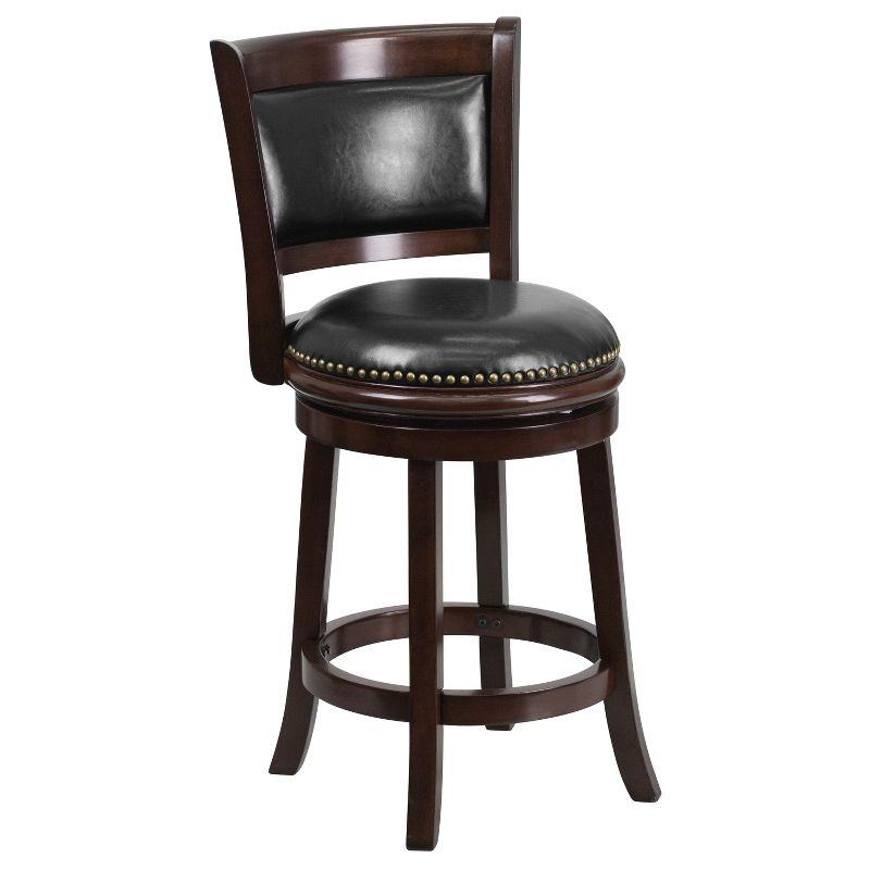 Elegant Cappuccino Wood and Black Leather Swivel Counter Height Stool