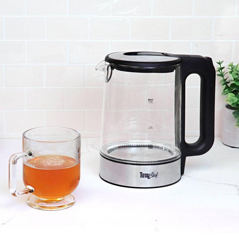 Total Chef Cordless Electric Glass Kettle LED Light 1.8 QT/1.7L: 360° Rotating Base, Automatic Shut-Off, 1100W, Water Boiler