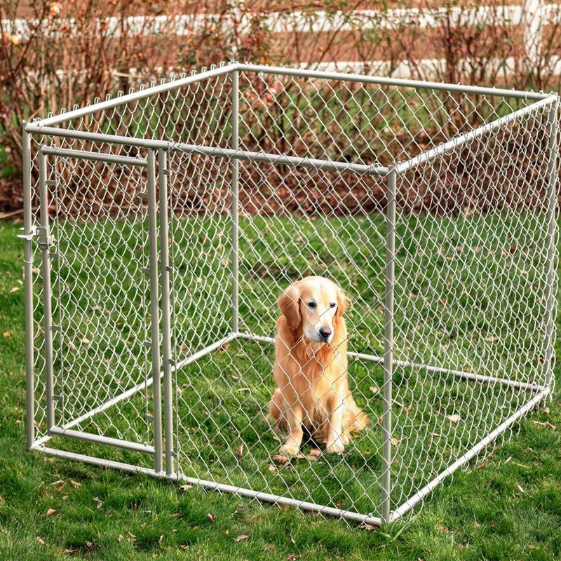 Lucky Dog Adjustable Heavy Duty Outdoor Galvanized Steel Chain Link Dog Kennel Enclosure with Latching Door, and Raised Legs