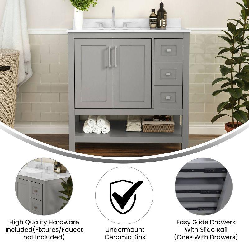 Taylor & Logan 36" Vivien Bathroom Vanity with Open Shelf and 3 Drawers Gray: Stoneware Top, Wood Frame, Single Basin