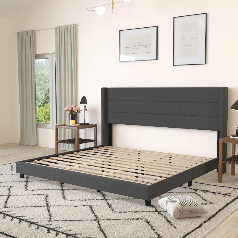 Merrick Lane Modern King Platform Bed with Padded Channel Stitched Charcoal Faux Linen Upholstered Wingback Headboard and 6" Underbed Clearance