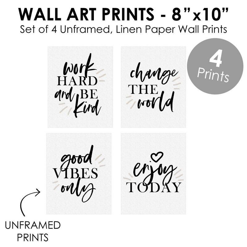 Big Dot of Happiness Work Hard and Be Kind - Unframed Inspirational Quotes Linen Paper Wall Art - Set of 4 - Artisms - 8 x 10 inches Black and White