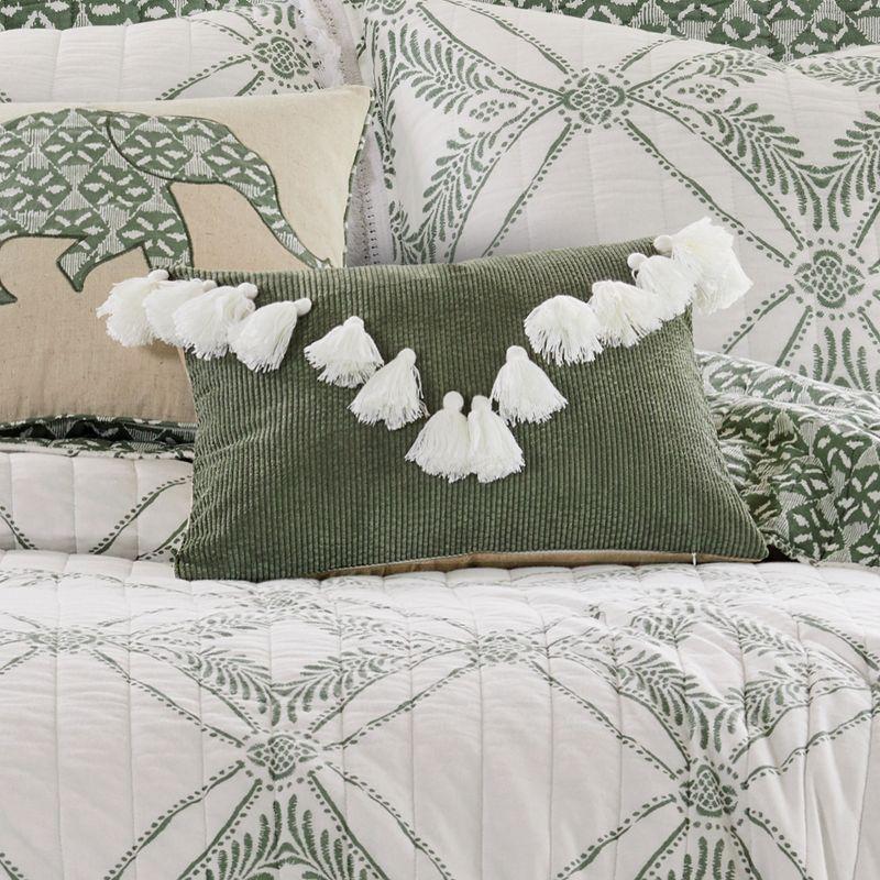 Sage Corduroy Box Throw Pillow with Cream Tassels