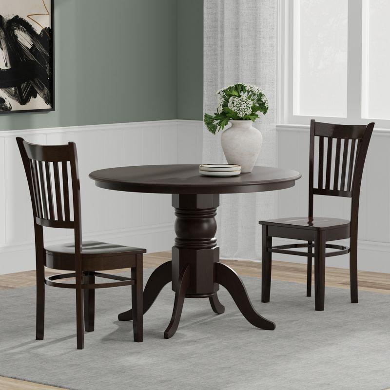 Dark Walnut Solid Wood Round Pedestal Dining Table with 2 Spindle Back Chairs