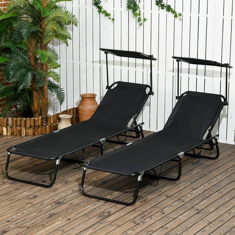 Outsunny Folding Chaise Lounge Pool Chairs, Set of 2 Outdoor Sun Tanning Chairs with Sunshade, Five-Position Reclining Back for Beach, Black