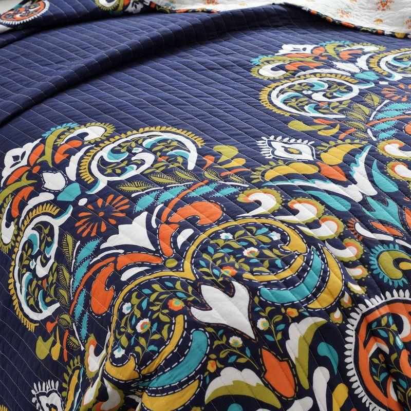 Navy Reversible Cotton Full Quilt Set with Paisley Damask Pattern