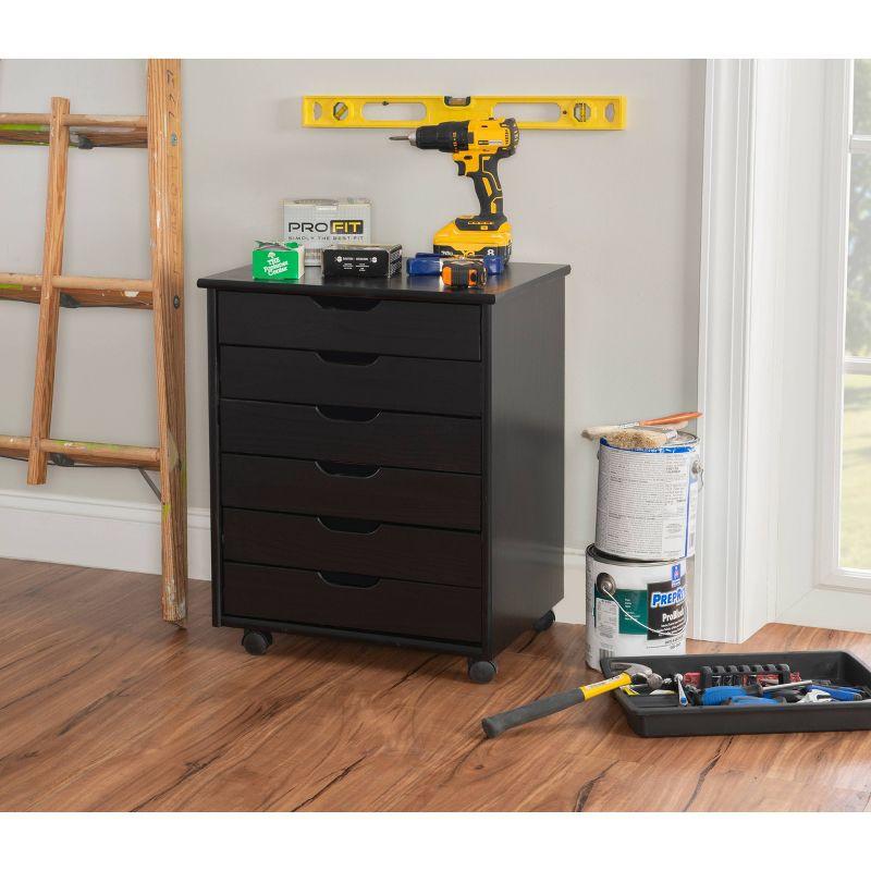 Cary Transitional 6 Drawer Solid Wood Contoured Handle Cut Out Wide Roll Cart Black - Linon: Pine Frame, Farmhouse Style, Portable Storage