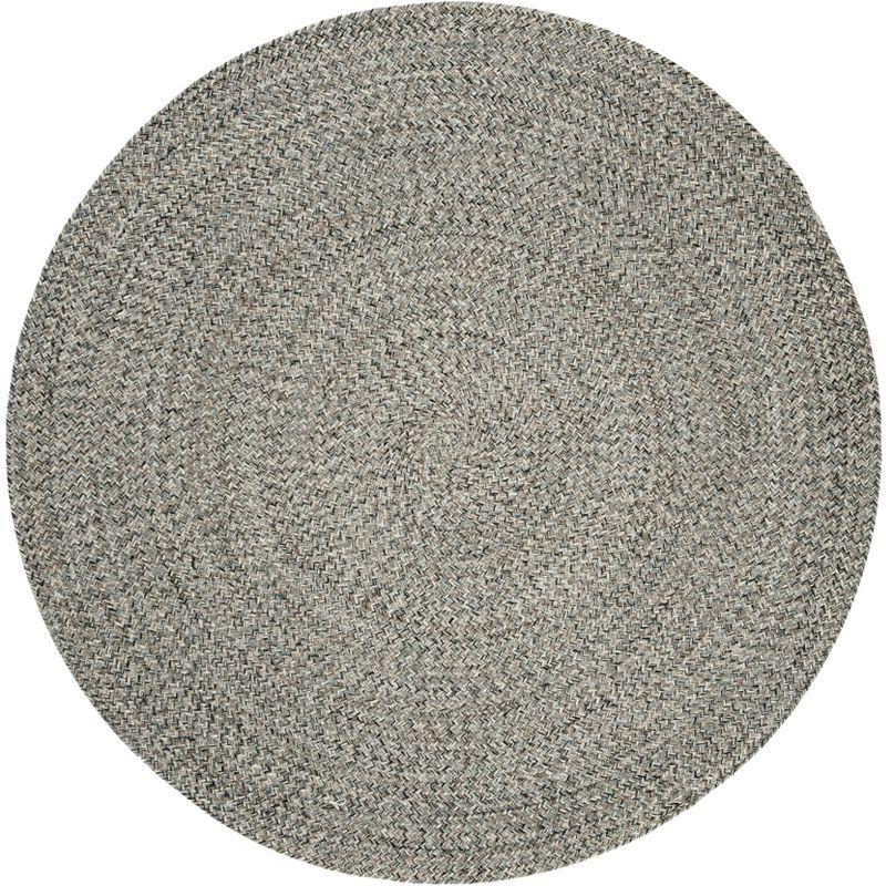 Ivory and Steel Grey Braided Round Wool Cotton Rug, 5' x 5'