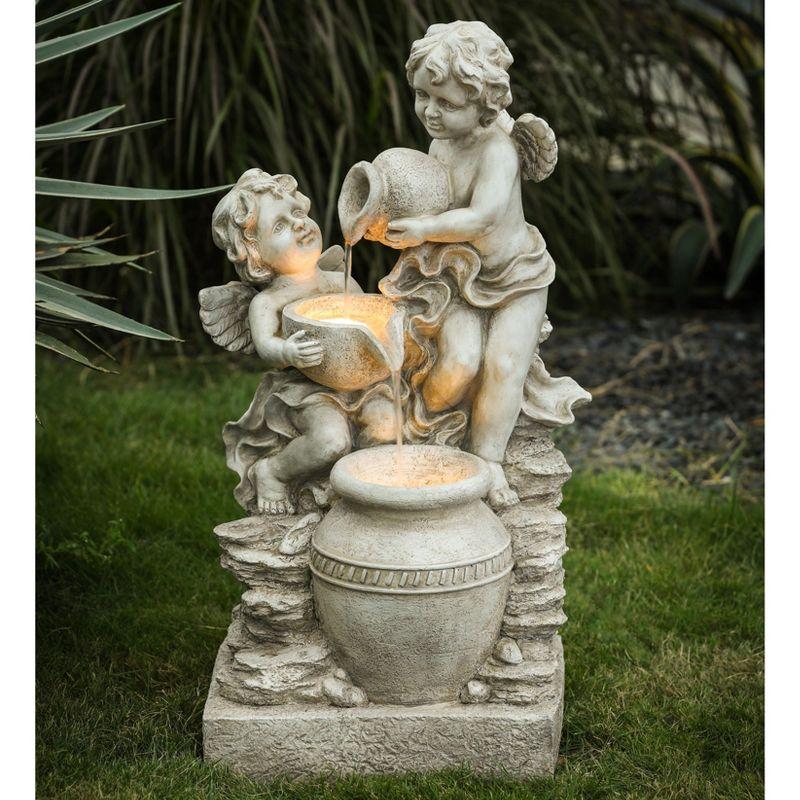 LuxenHome 30” Gray Resin Cherub Angels Outdoor Water Fountain with LED Lights, Garden Fountain Decor for Yard