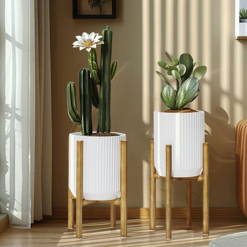 Set of 2 White Textured Metal Planters with Gold Stands