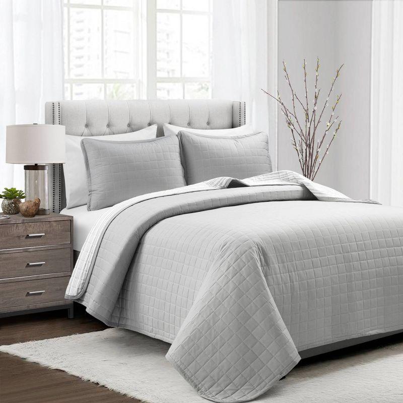 Gray Cotton Full Reversible Quilt Set with Box Stitch