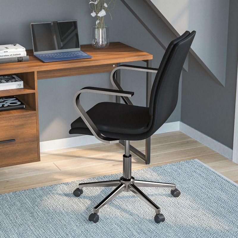 Modern Swivel Mid-Back Executive Chair in Brushed Chrome and Black Leather