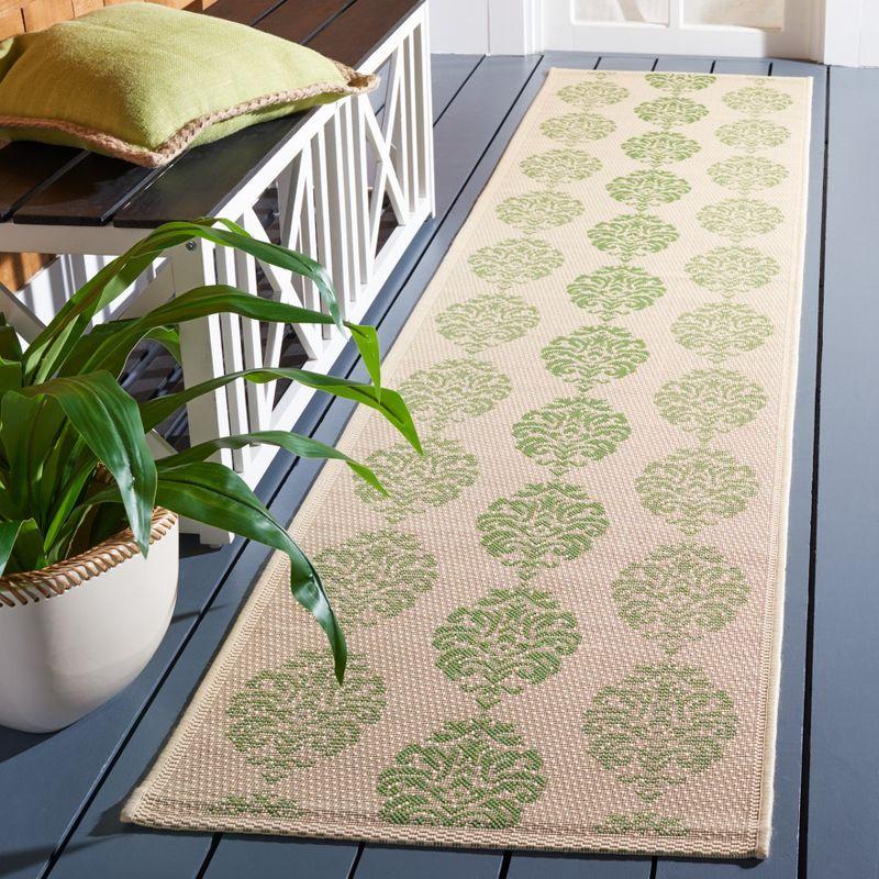 Natural Olive Damask Low Pile Outdoor Runner Rug