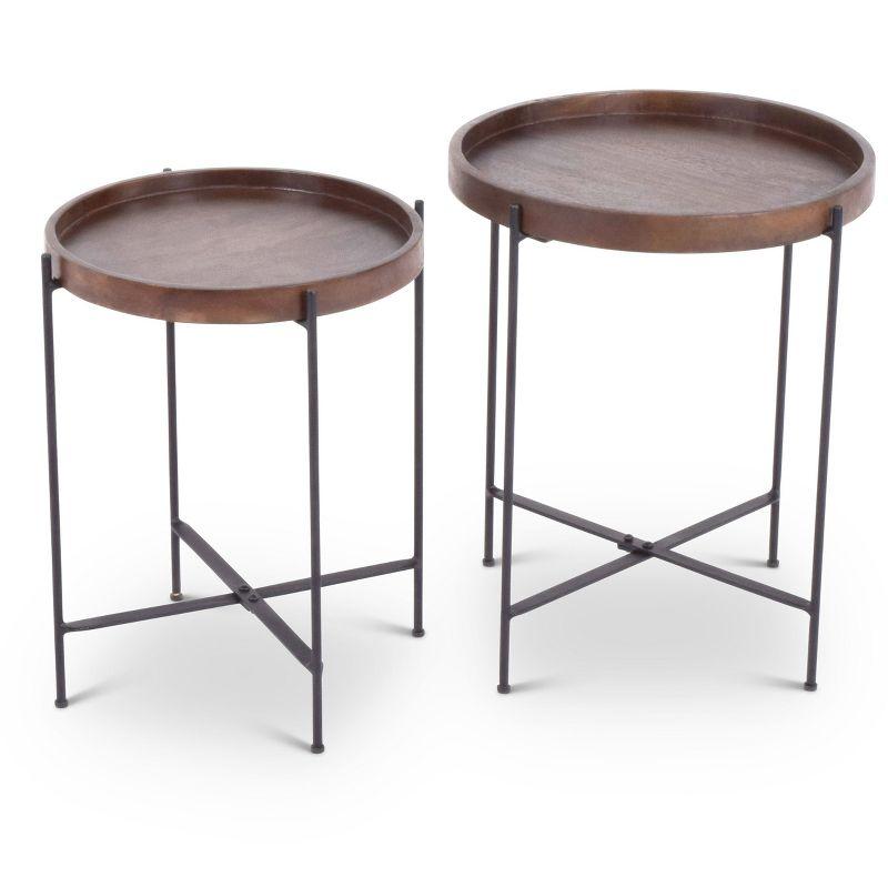 Set of 2 Round Black and Brown Mango Wood Accent Tables