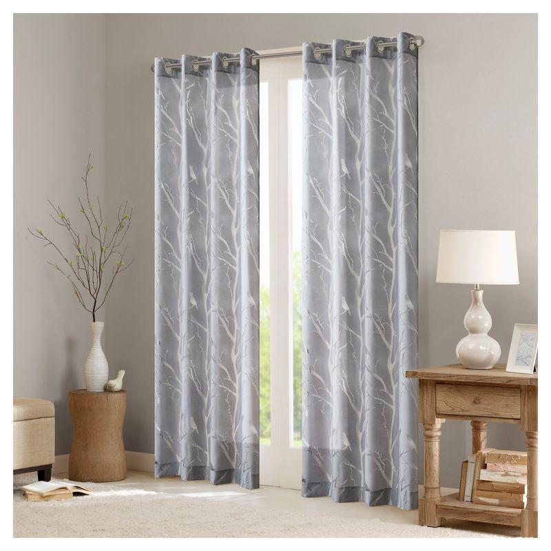 Silver Sheer Bird Design Grommet Window Curtain Panel